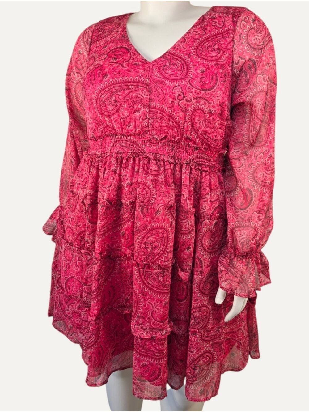 Torrid 1X Pink Paisley Lurex Chiffon Tiered Mini Dress NWT - Picture 2 of 10